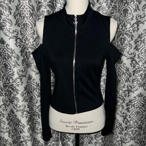 Guess Black Cold Shoulder Full Zip Down Top